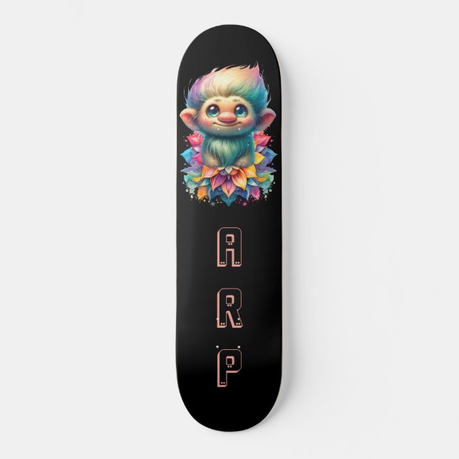 *~* Troll AP89 Hippie Neon Black Initials Flower Skateboard (Front)