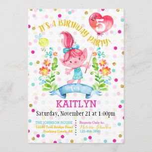 Troll Girl Flowers Balloon Fifth Birthday Invitation
