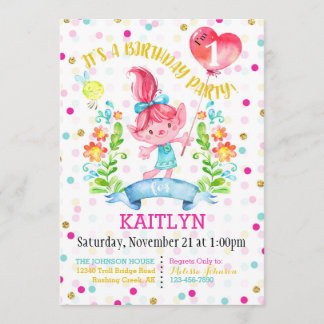Troll Girl Flowers Balloon First Birthday Invitation