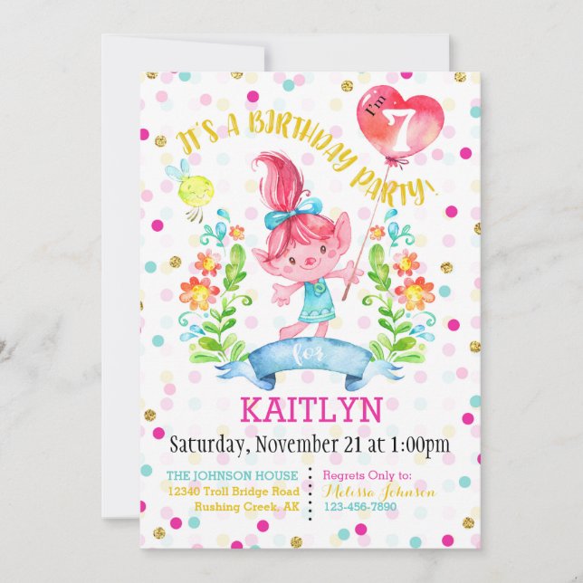Troll Girl Flowers Balloon Seventh Birthday Invitation (Front)