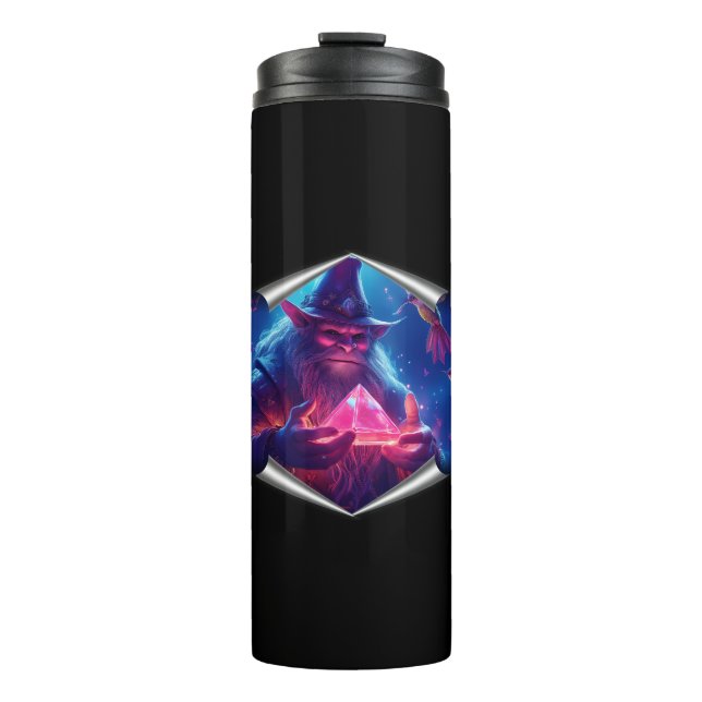 Troll With Glowing Glass Pyramid And Hummingbirds Thermal Tumbler (Front)