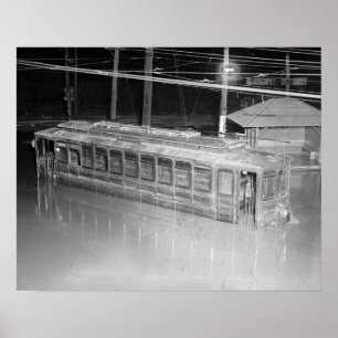 Trolley Car in Flood, 1923. Vintage Photo Poster