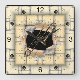 Trombone ~ Breaking Through ~ Strange Sheet Music Square Wall Clock