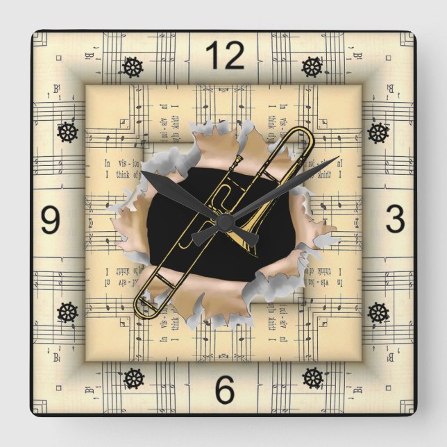 Trombone ~ Breaking Through ~ Strange Sheet Music  Square Wall Clock (Front)