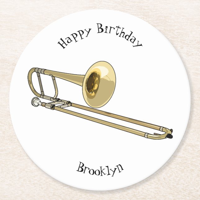 Trombone cartoon illustration round paper coaster (Front)
