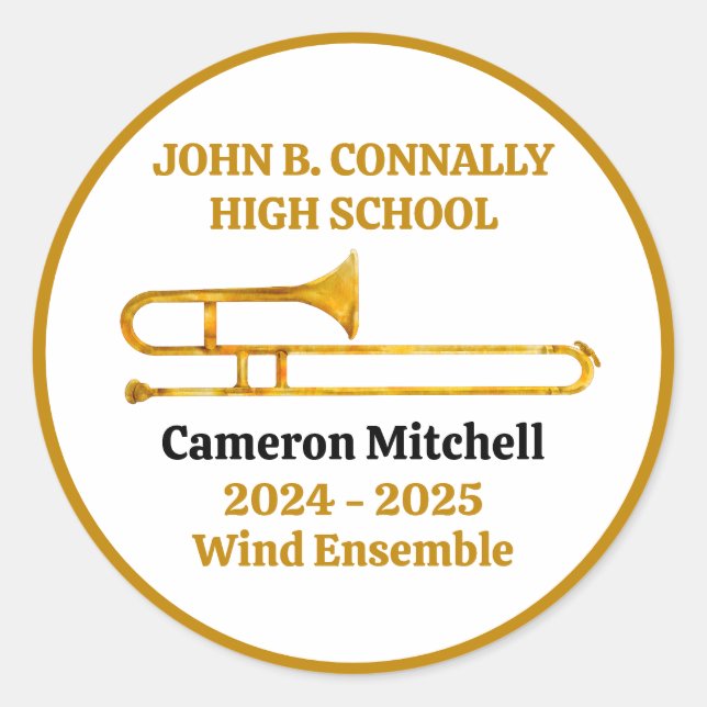 Trombone High School Band Gold Personalised Classic Round Sticker (Front)