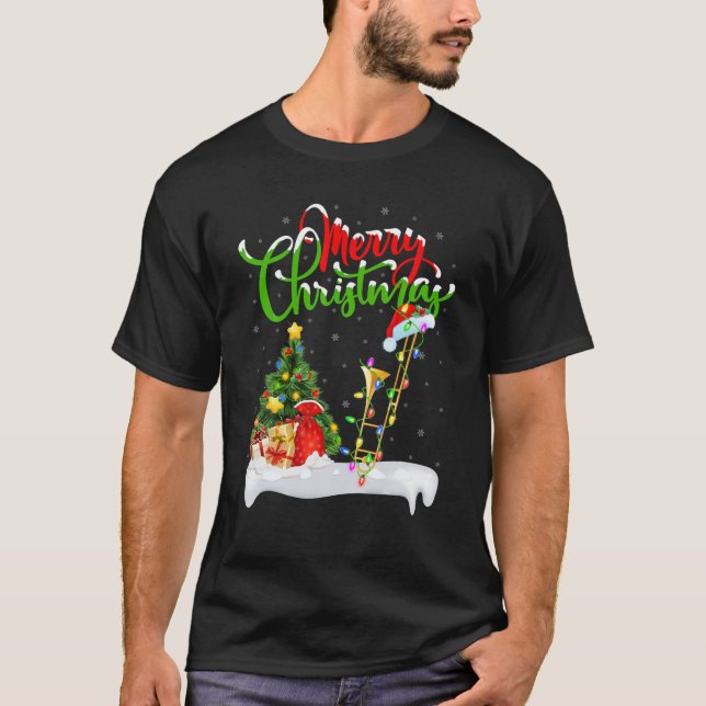 Trombone Music Lover Xmas Lighting Santa Trombone T-Shirt (Front)