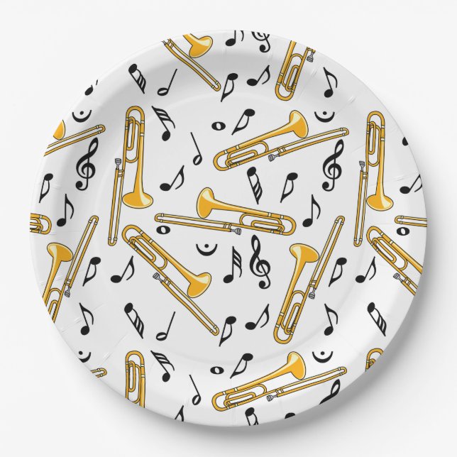 Trombone Music Notes Pattern Paper Plate (Front)