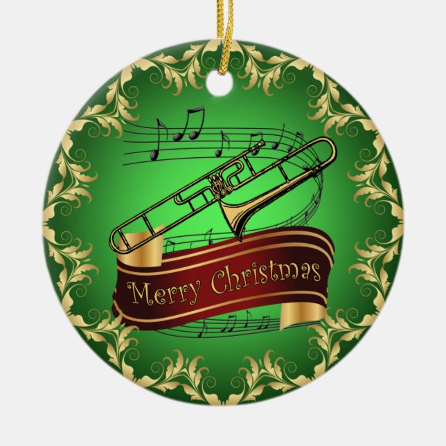 Trombone ~ Musical Scroll ~ Merry Christmas ~ * ~  Ceramic Tree Decoration (Front)