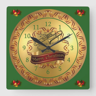 Trombone ~ Musical Scroll ~ “Merry Christmas” Square Wall Clock
