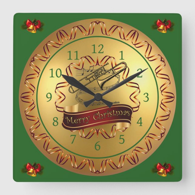 Trombone ~ Musical Scroll ~ “Merry Christmas”  Square Wall Clock (Front)