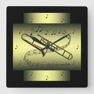 Trombone ~ Musical Swirl ~ Notes ~ * ~ Square Wall Clock