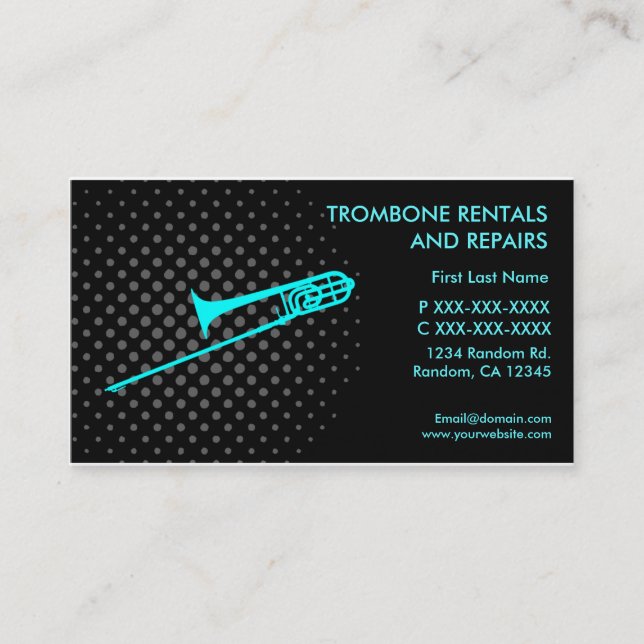 Trombone rentals repairs custom business cards (Front)