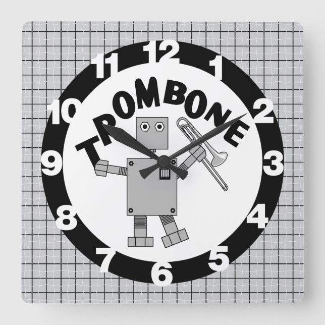 Trombone Robot Text Square Wall Clock (Front)