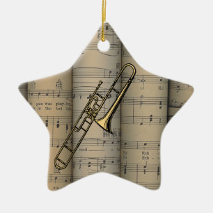Trombone ~ Rolled Sheet Music Background ~ Musical Ceramic Tree Decoration