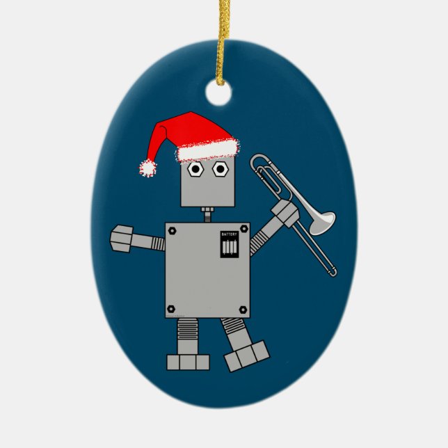 Trombone Santa Hat Robot Ceramic Tree Decoration (Front)