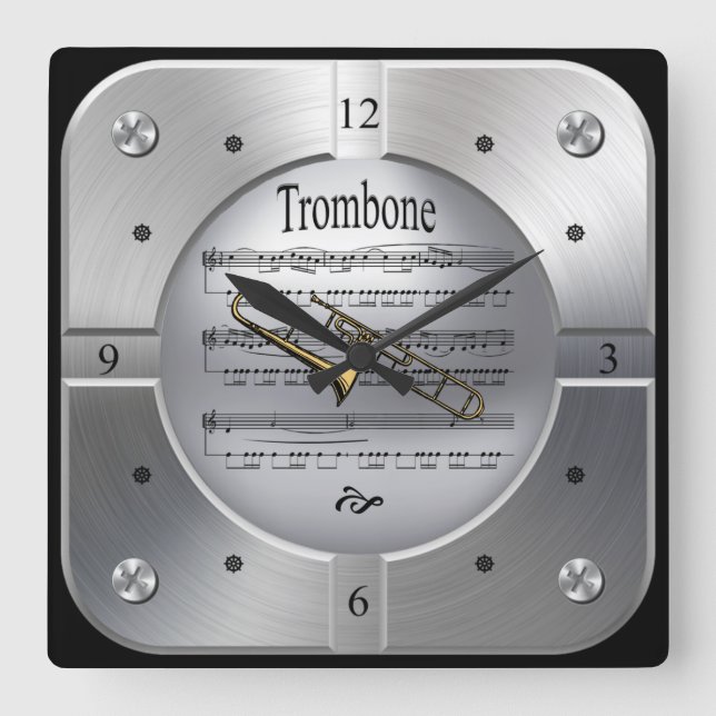 Trombone ~ Sheet Music ~ Brushed Silver Color ~ Square Wall Clock (Front)