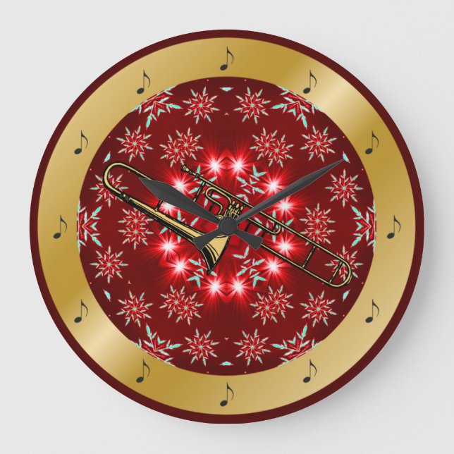 Trombone ~ Silver ~ Red ~ Gold ~ Christmas ~ Large Clock (Front)