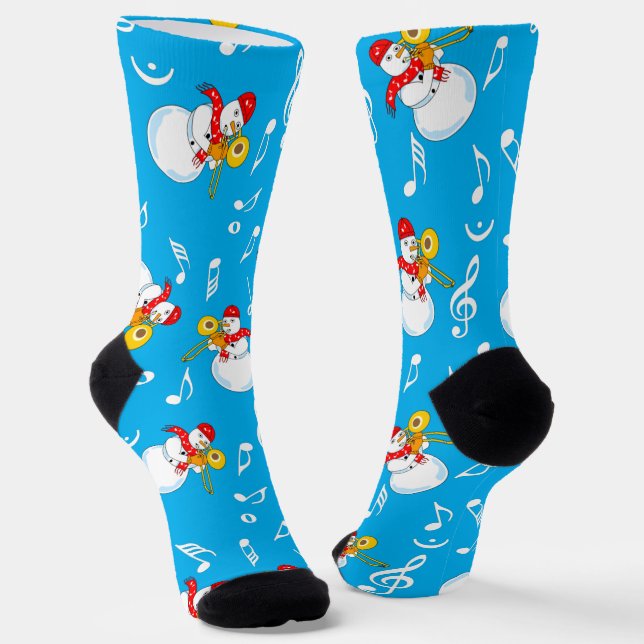 Trombone Snowman Music Notes Pattern Socks (Angled)