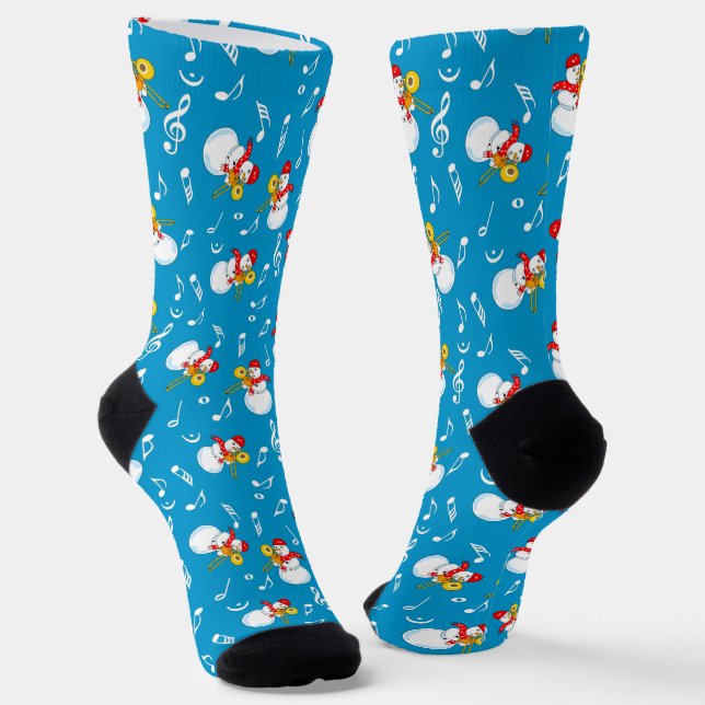 Trombone Snowman Music Notes Pattern Socks (Angled)