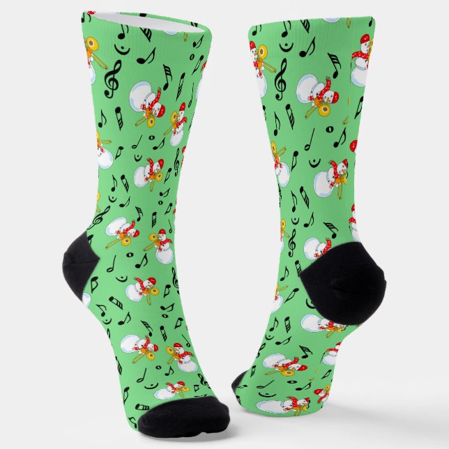 Trombone Snowman Music Notes Pattern Socks (Angled)