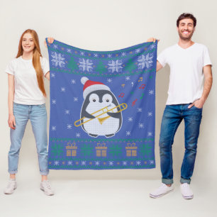 Trombone Ugly Christmas Sweater Penguin Xmas Famil Fleece Blanket