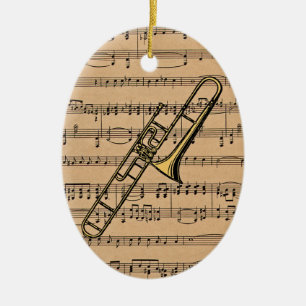 Trombone With Sheet Music Background Ceramic Tree Decoration