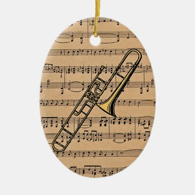 Trombone With Sheet Music Background Ceramic Tree Decoration (Front)