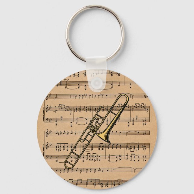 Trombone With Sheet Music Background Key Ring (Front)