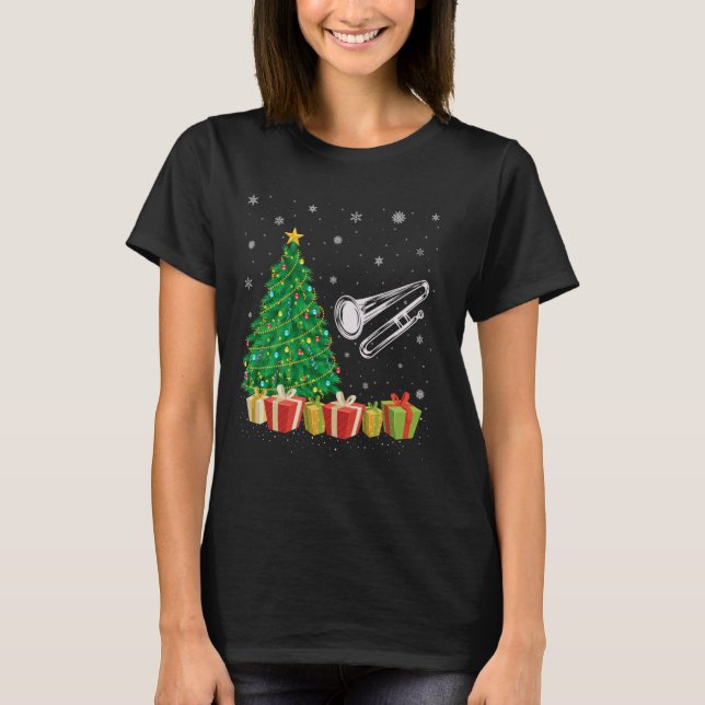Trombone Xmas Tree Lighting Santa Hat Trombone Chr T-Shirt (Front)