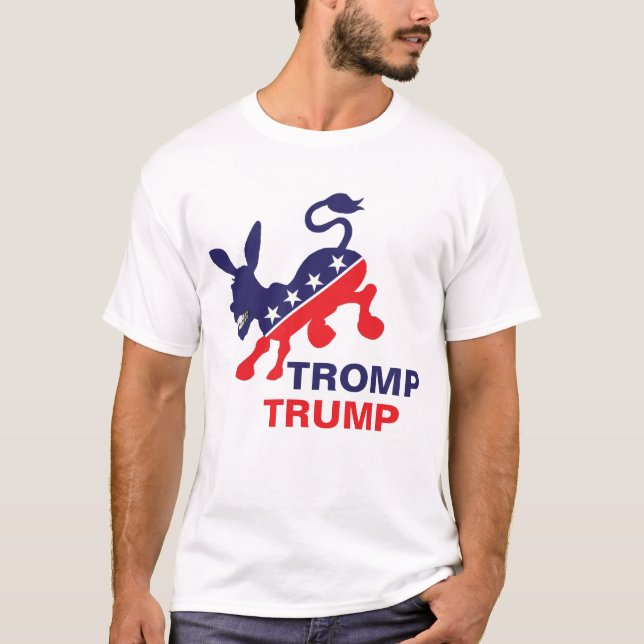 Tromp Trump Kicking Democratic Donkey Political II T-Shirt (Front)