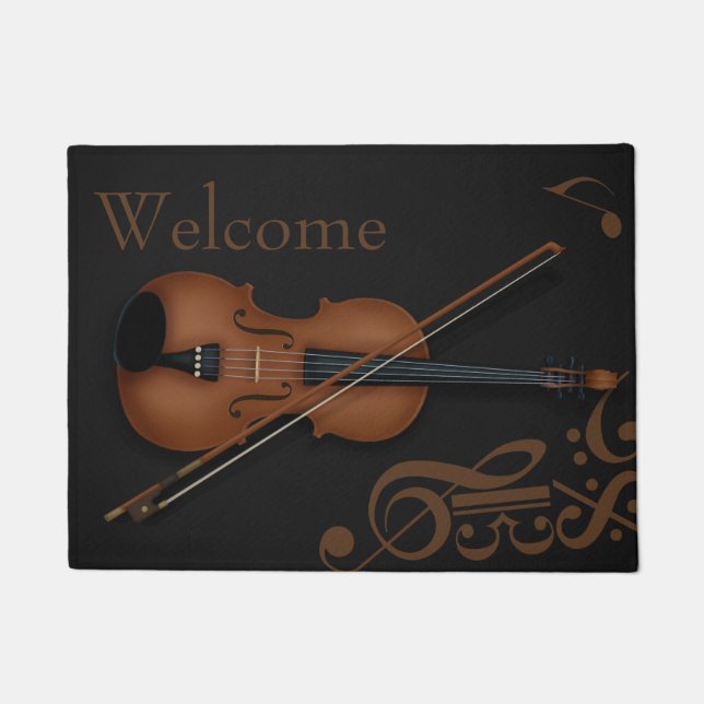 Trompe L'oeil Violin & Bow Elegant Black Custom Doormat (Front)