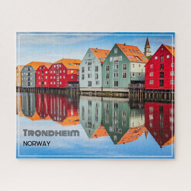 Trondheim Norway Fjord Red and Green Homes Framed Jigsaw Puzzle (Horizontal)