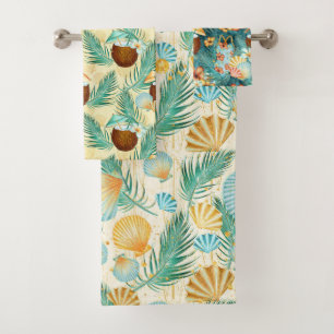 TROPCAL GREEN & YELLOW FLOWERS & SEASHELLS BATH TOWEL SET