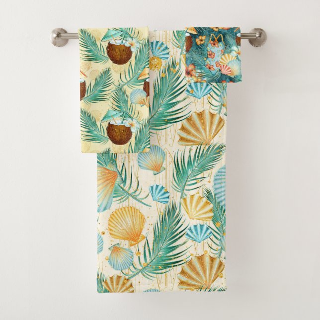 TROPCAL GREEN & YELLOW FLOWERS & SEASHELLS BATH TOWEL SET (Insitu)