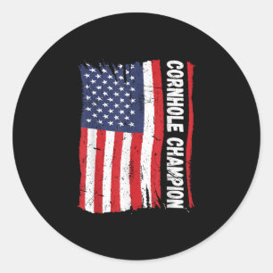 Trophy Champion Fun Bean Bag Cornhole Player Flag Classic Round Sticker