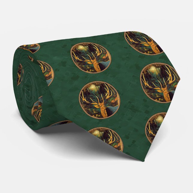 Trophy Elk Head Forest Green Tie (Rolled)