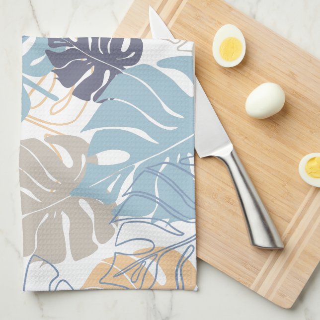 Tropic blue and yellow leaf pattern tea towel (Quarter Fold)