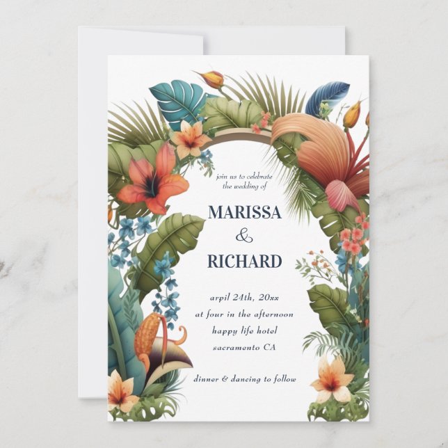 Tropic Jungle Arch Exotic Floral Summer Wedding Invitation (Front)