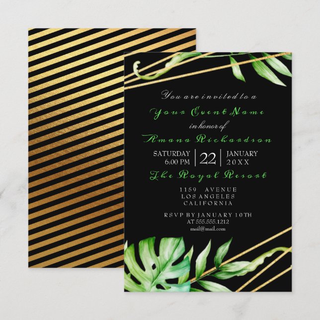 Tropic Jungle Black White Party Stripes Luxury Invitation (Front/Back)
