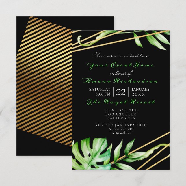 Tropic Jungle Black White Party Stripes Luxury Invitation (Front/Back)