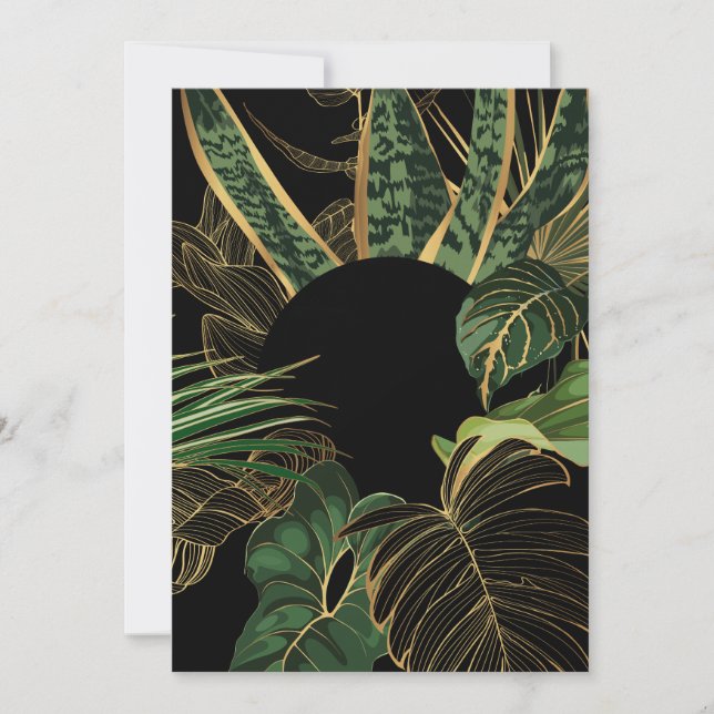 Tropic leaf banner, green jungle plants and golden holiday card (Front)
