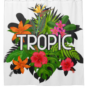Tropic Modern tropical Hibiscus Text on green leaf Shower Curtain