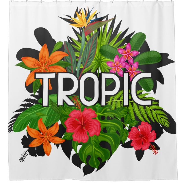 Tropic Modern tropical Hibiscus Text on green leaf Shower Curtain (Front)