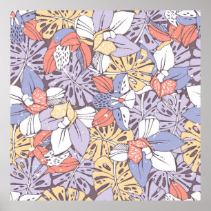 Tropic seamless pattern with orchid and monstera l poster