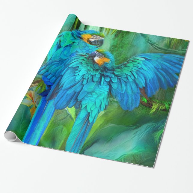 Tropic Spirits - Gold and Blue Macaw Art Gift Wrap (Unrolled)