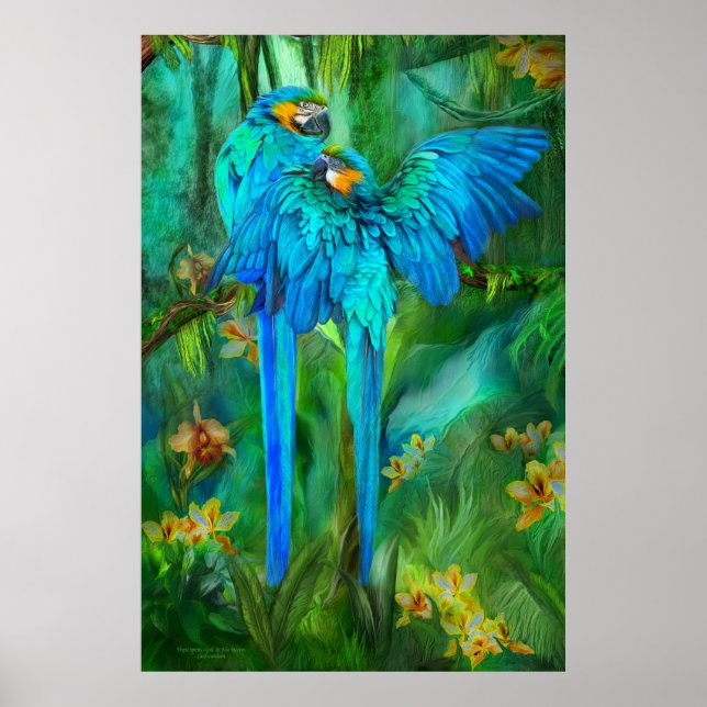 Tropic Spirits - Gold and Blue Macaws Art Poster (Front)
