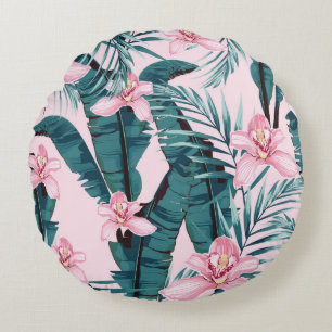 Tropic summer painting seamless pattern with palm  round cushion