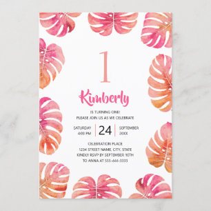 Tropical 1st Birthday Party Pink Summer Beach Invitation
