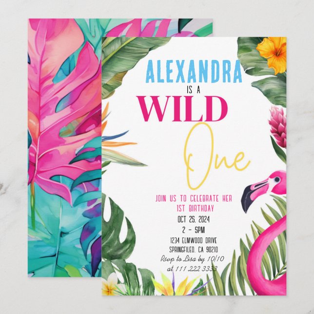 Tropical 1st Wild One Girl Floral Birthday Invitation (Front/Back)